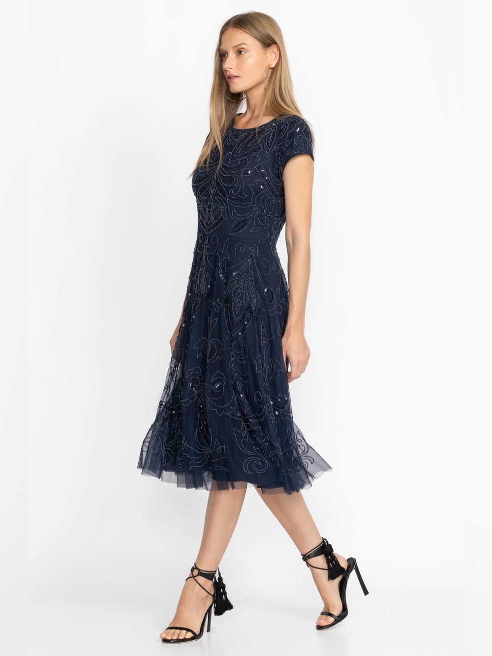 Johnny Was Navy Paisley Beaded Mesh Midi Dress Sequin Embellished Cocktail Sz 10